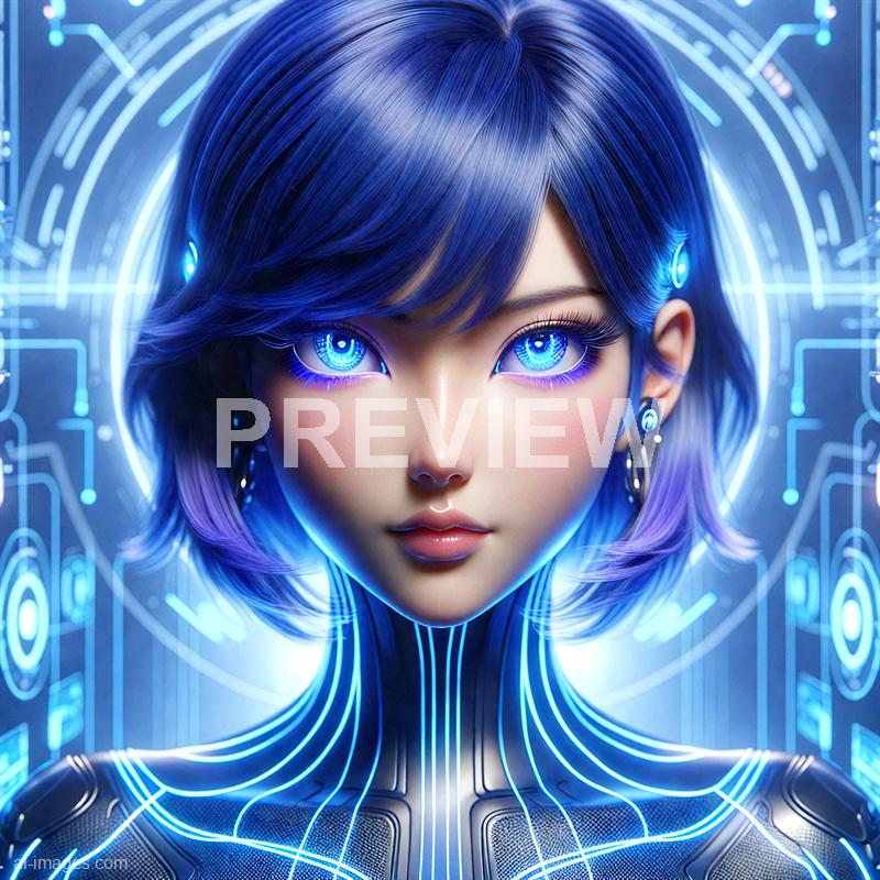 The image depicts a highly detailed, futuristic female android or cyborg with glowing blue eyes and sleek, metallic features. Her hair is a short, layered style with a vivid blue hue, blending seamlessly with the illuminated technological elements embedded within her body and background. Surrounding her is a complex array of neon blue circuitry and digital patterns, creating a high-tech, sci-fi ambiance that emphasizes her synthetic nature.